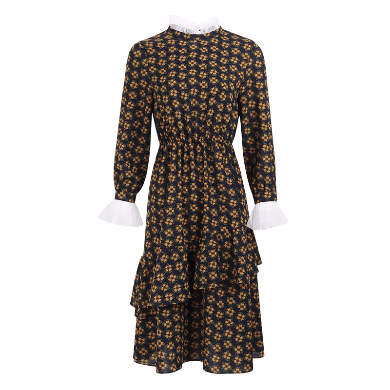 晚白2019秋季新品通勤优雅印花气质立领长袖荷叶边裙雪纺连衣裙女