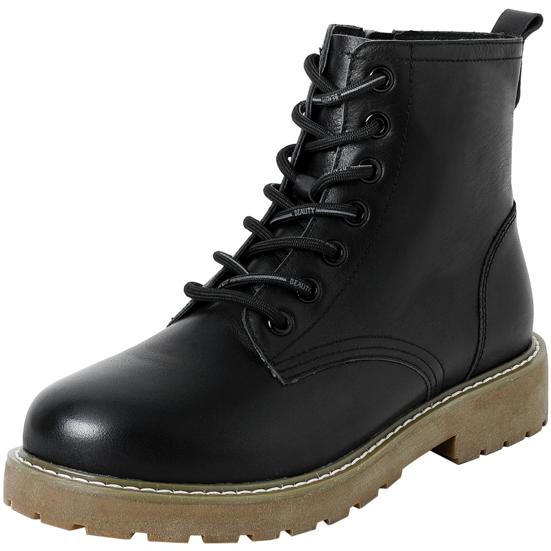 百田森黑色马丁靴女增高厚底新款冬季靴子女短靴牛皮