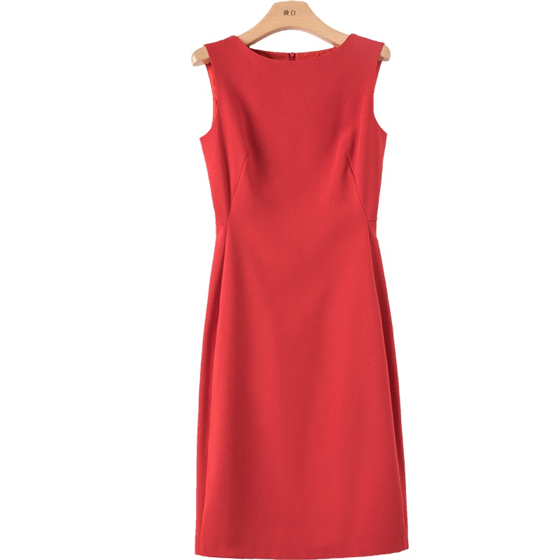 晚白2021春夏新品简约纯色修身显瘦圆领无袖高腰包臀职业连衣裙女