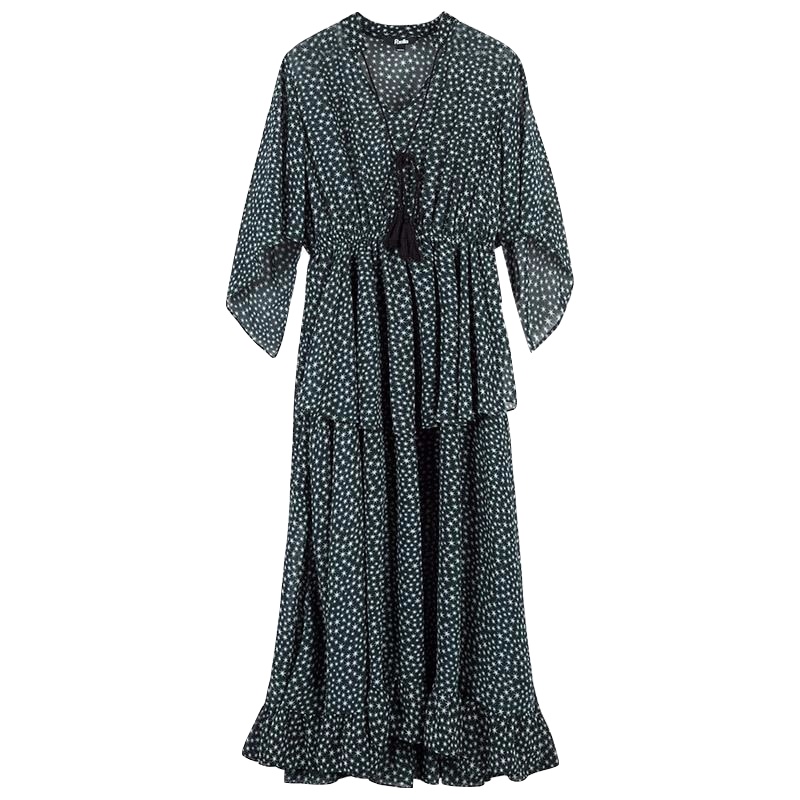 拉夏贝尔春季新款连衣裙女款Puella时尚显瘦中长款印花荷叶边裙子2T011075