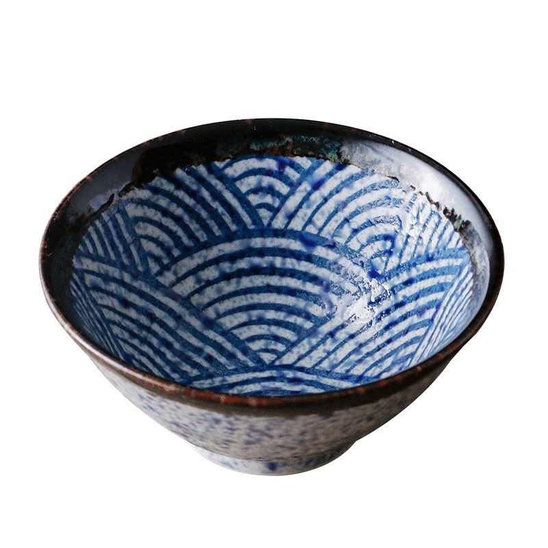 苏宁极物 日本进口爱悦烧青海波釉下彩碗盘碟日式鱼盘和风长方盘陶瓷餐具套装家用(青海波13厘米斗笠碗)