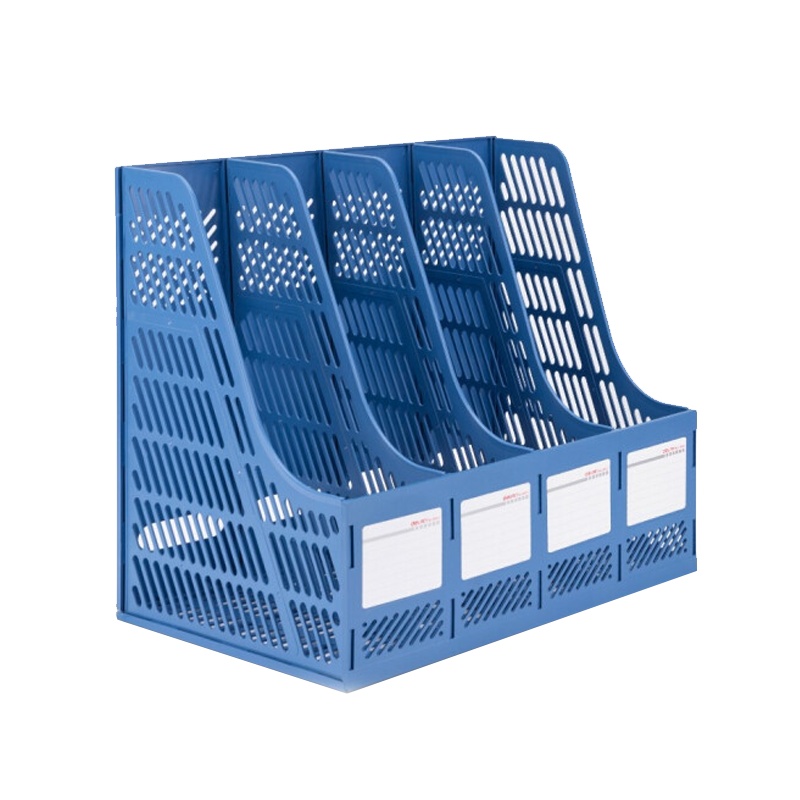 得力 9848 四联镂空桌面文件框 办公室桌面多层资料架子四栏带标签稳固文件栏/文件筐 蓝色