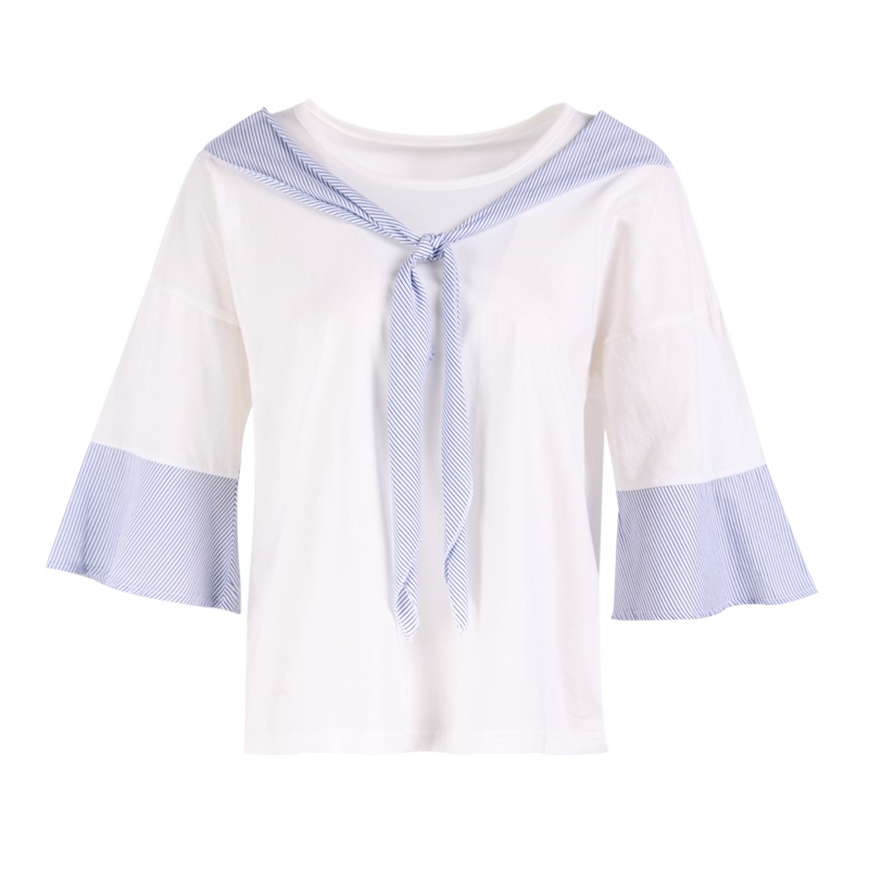 晚白 新款学院风领巾喇叭袖文艺范上衣T恤女