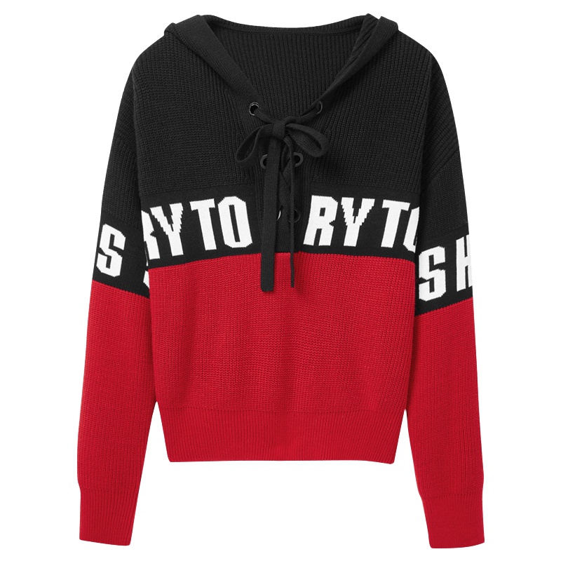 2019爱居兔秋季女装撞色字母连帽设计长袖针织衫