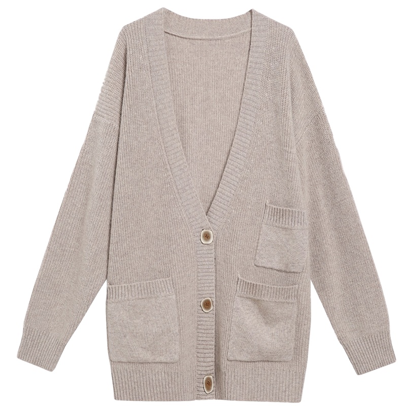 金菊秋冬新款毛衣V领口袋短款羊毛开衫女