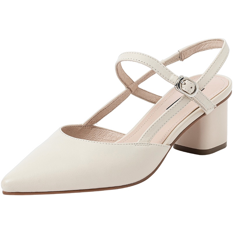 百田森凉鞋女夏季新款包头凉鞋女尖头中跟粗跟一字带配裙子