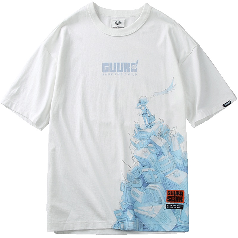 Guuka&Sank联名潮牌短袖T恤男宽松学生圆领动漫印花五分袖T恤纯棉