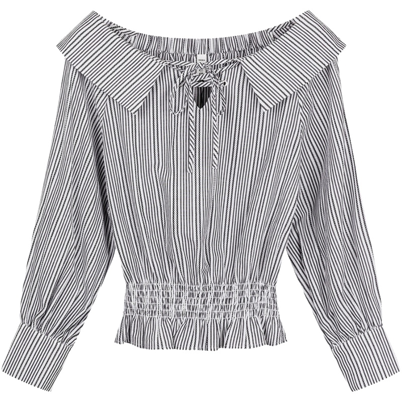 拉夏贝尔条纹短款衬衫女新款设计感小众收腰方领韩版宽松衬衣上衣20012798