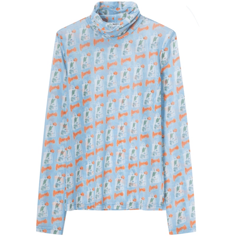 OtherMix潮人网纱打底衫橙IP联名T恤女长袖2021春堆堆领内搭上衣