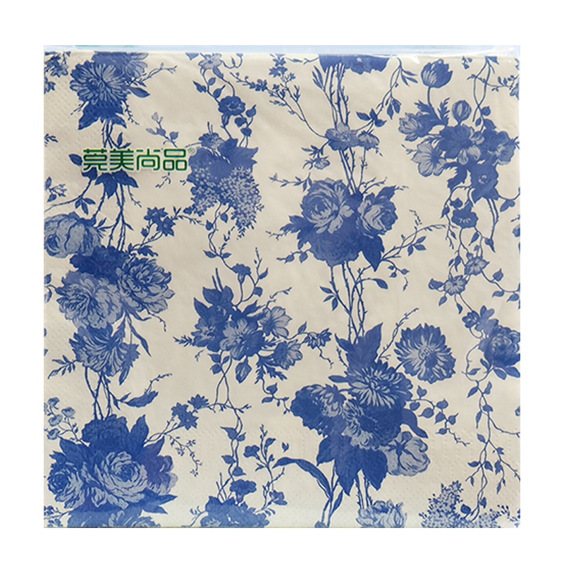 莞美尚品花开富贵青花瓷彩色餐巾纸原生木浆纸巾三层加厚便携装12包