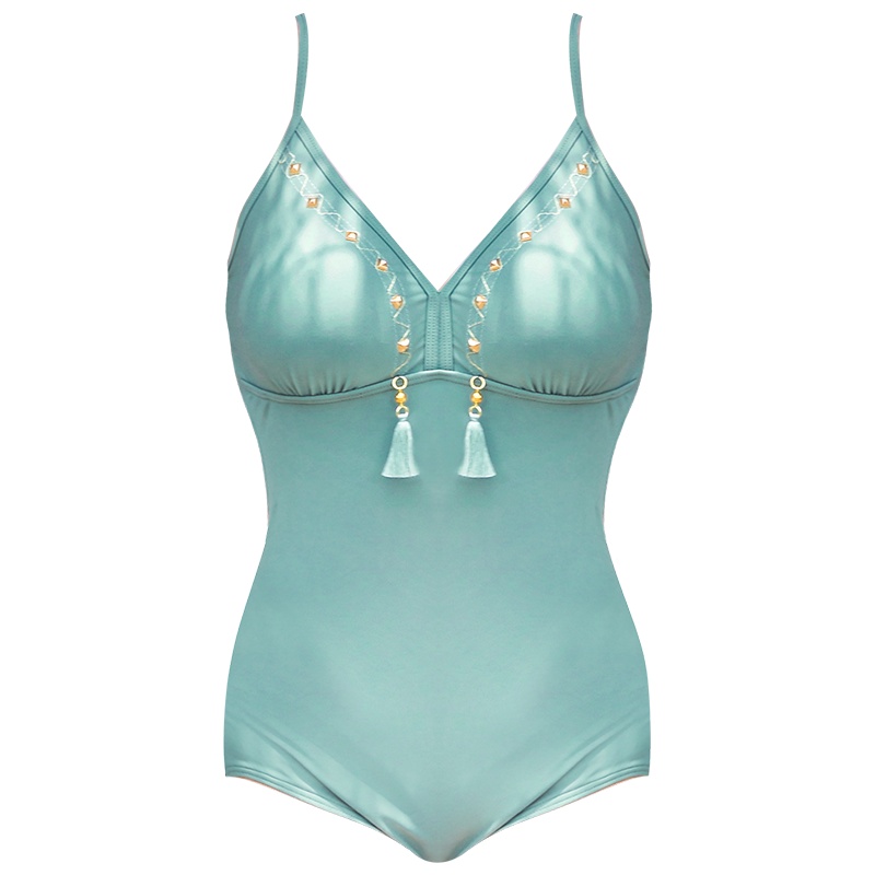 OOK连体裙式泳衣女保守遮肚显瘦游泳衣大胸聚拢性感大码泳装新款 藓苔绿