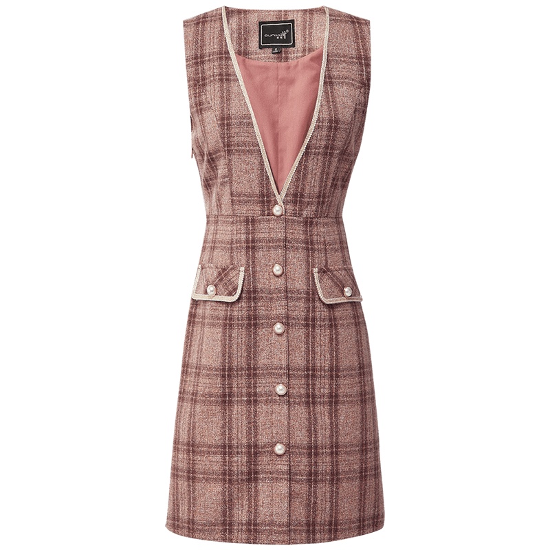 欧昵雪秋冬大V领收腰格子背心短裙女无袖显瘦毛呢连衣裙
