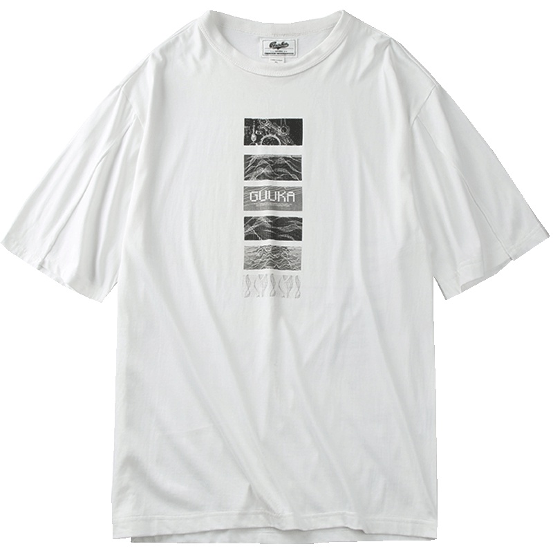 Guuka潮牌短袖T恤男白色 青少年印花嘻哈运动五分袖tee打底衫宽松