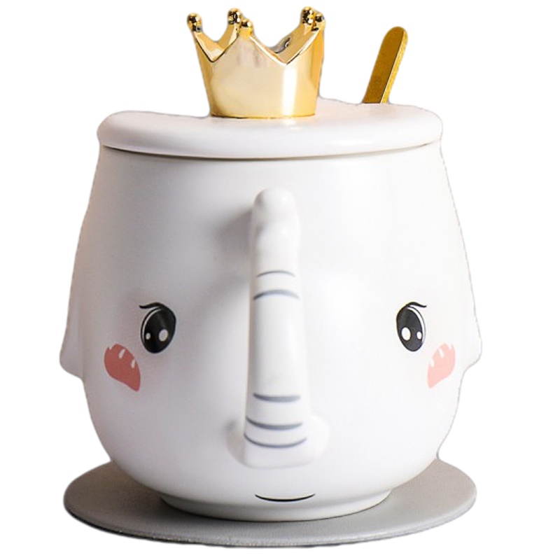 贝瑟斯 大象卡通可爱带盖勺陶瓷创意潮流家用牛奶杯陶瓷杯子马克杯水杯