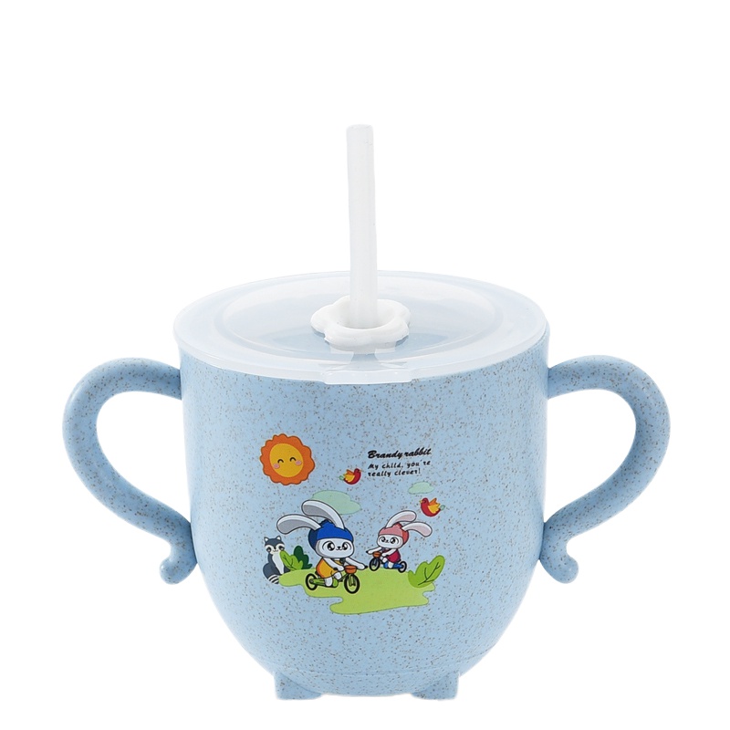 小麦秸秆儿童碗带盖套装吸管水杯家用卡通儿童餐具宝宝吃饭碗可爱 FENGHOU 吸管水杯[北欧蓝]