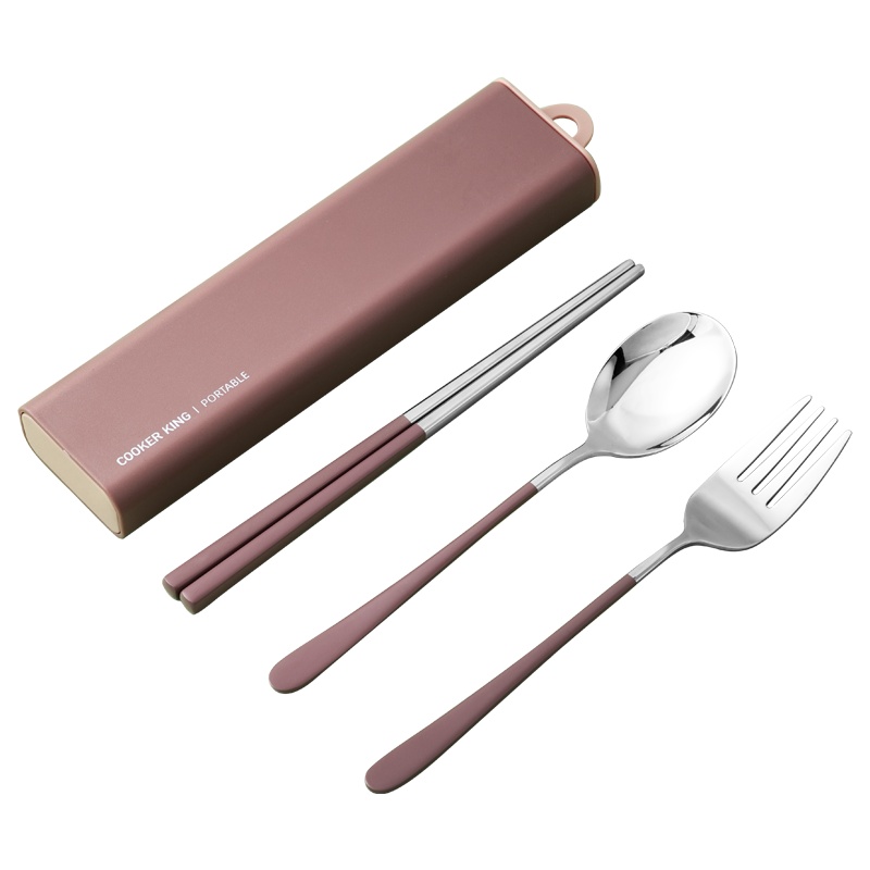 炊大皇(COOKER KING)便携餐具三件套不锈钢红色 筷勺叉子防滑防烫 耐高温学生上班族CJ04R
