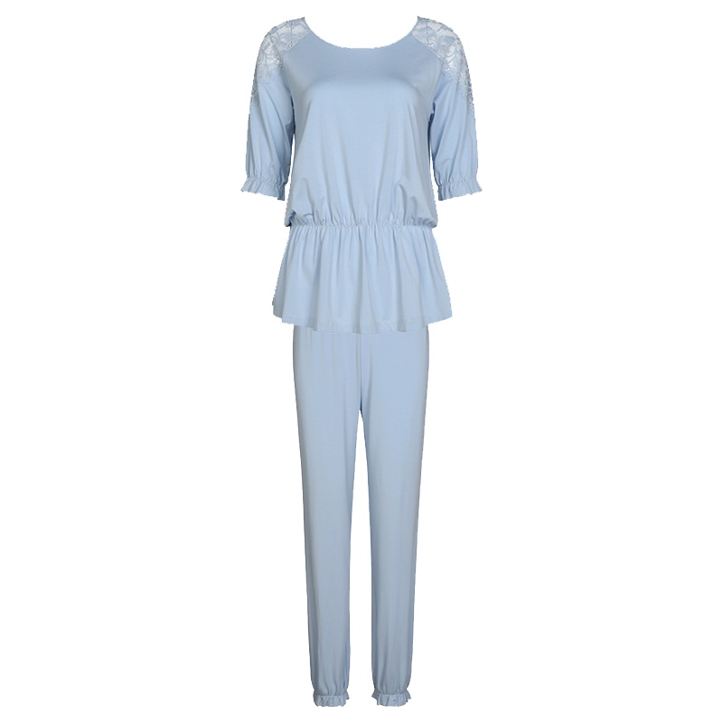 古今灯笼袖蕾丝短袖长裤简约夏季可外穿家居服套装睡衣7I1201