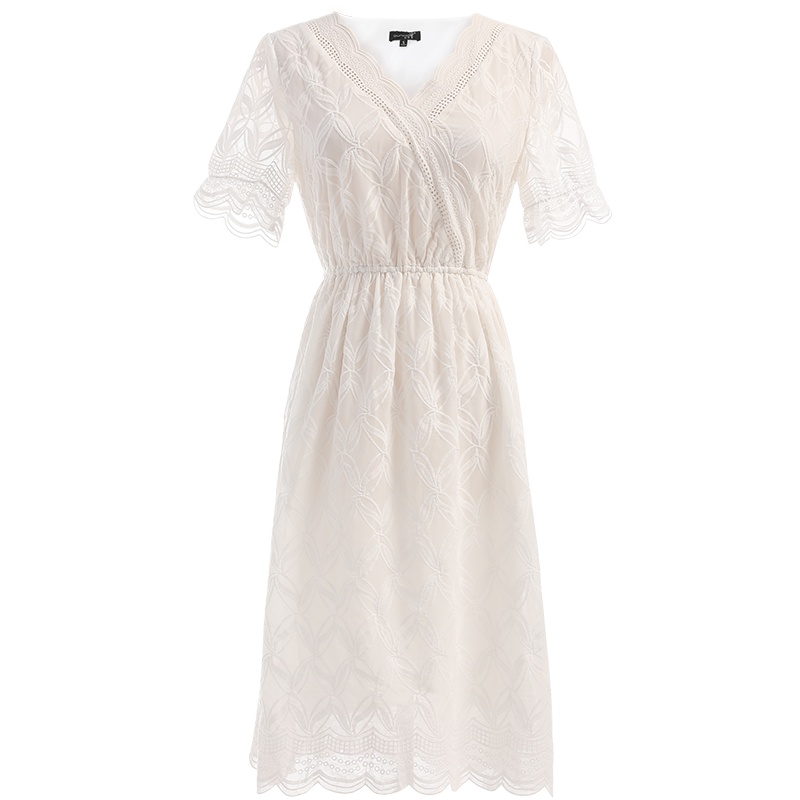 欧昵雪夏季镂空花边V领绣花雪纺连衣裙女收腰显瘦中裙