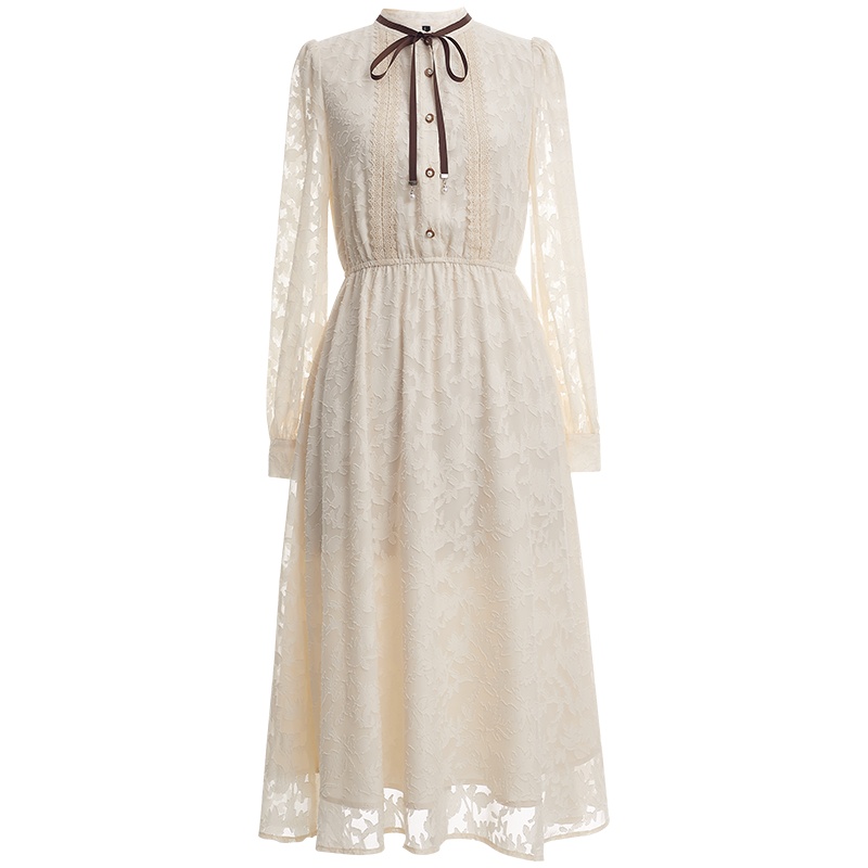 OUNIXUE欧昵雪 | [温柔风提花雪纺裙子]系带立领收腰A字裙花边连衣裙女