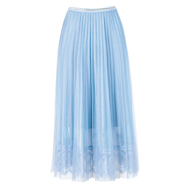 晚白 新品休闲百搭纯色松紧高腰中长款A字百褶半身裙女