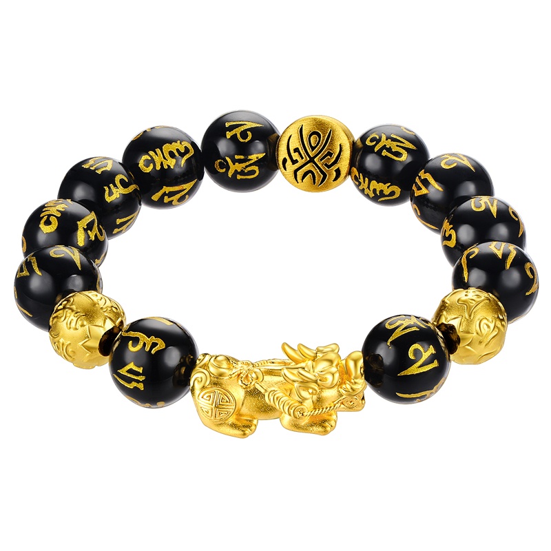 蒂蔻 貔貅六字箴言幸运刺青黄金手链足金黑玛瑙真言手串男款