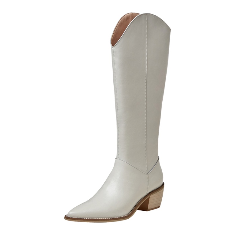 品点(Pandell)2020秋冬新款女靴尖头粗跟复古中长筒靴真皮西部牛仔骑士靴