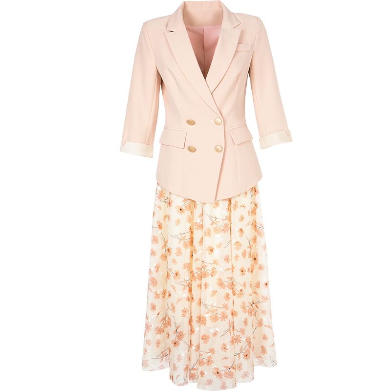 晚白2021春季新品两件套西装外套高腰碎花雪纺裙半裙时尚套装女