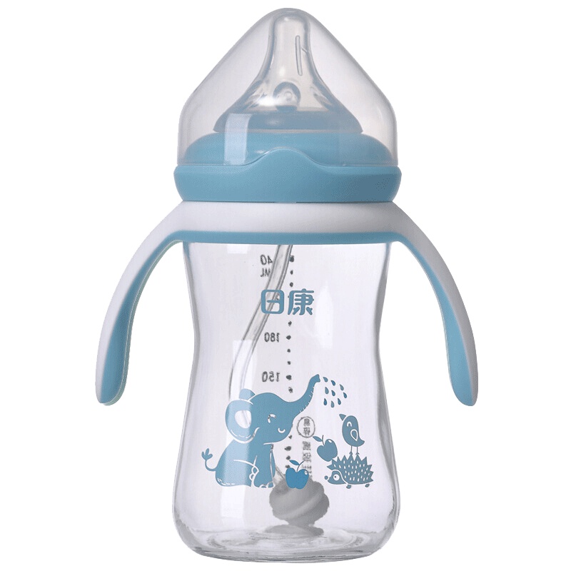 日康宽口有柄玻璃奶瓶儿婴儿奶瓶宝宝防爆防胀气 240ml蓝色