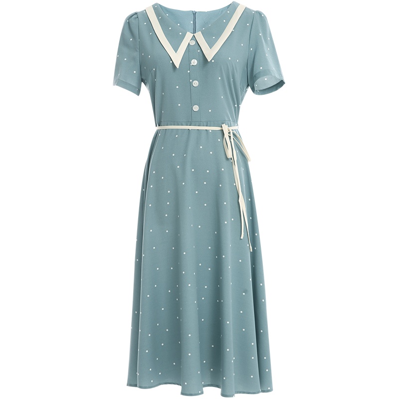 欧昵雪夏季气质赫本风V领收腰波点连衣裙女短袖显瘦中长群
