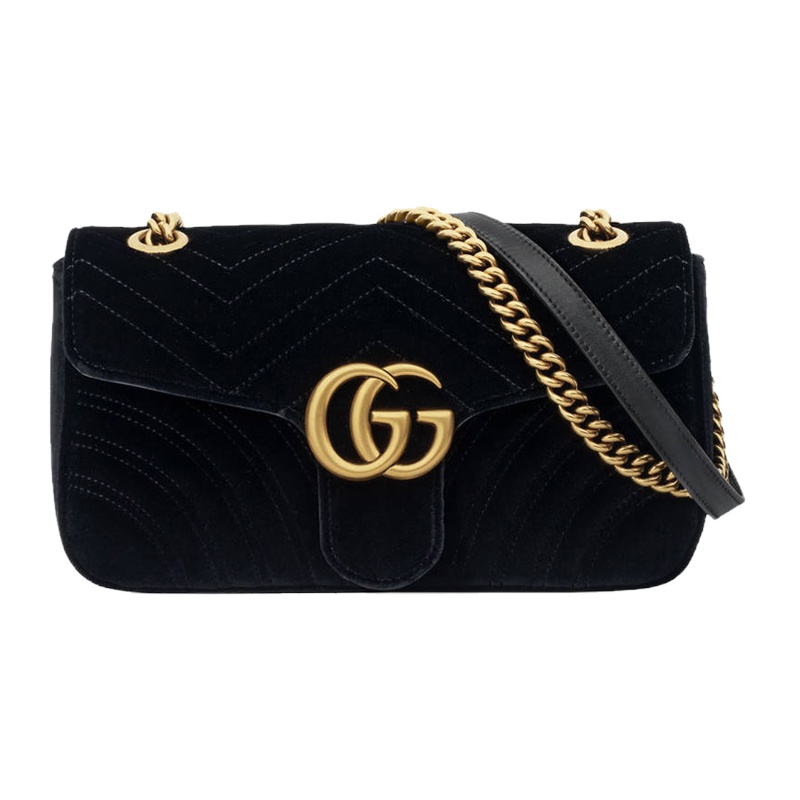 【孙怡同款】QH GUCCI 古驰 女士Marmont双G天鹅绒黑色链条单肩斜挎包