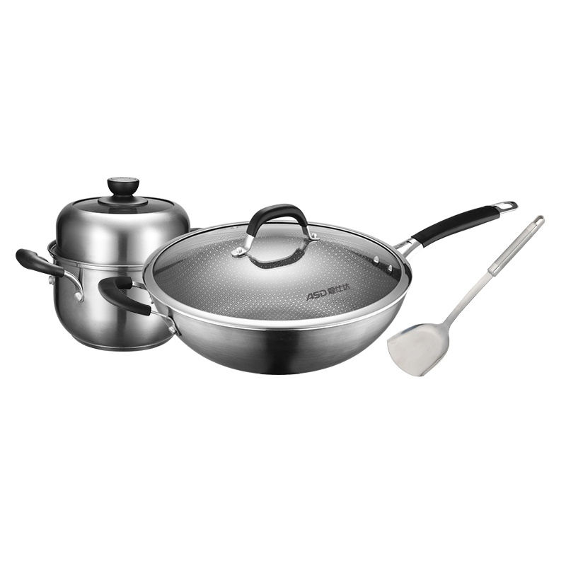 爱仕达晶刚甲组合三件套PS03A1J12炒锅汤蒸锅不锈钢锅铲可通磁