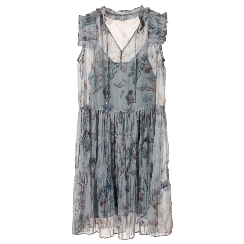 裂帛印花连衣裙新款荷叶领百褶裙吊带两件套无袖长裙子