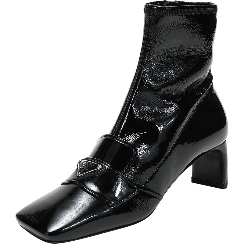 PRADA 普拉达 女士 织物配皮方头高跟鞋靴子短靴 1T293M 3LBK