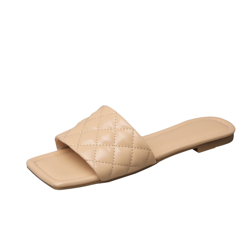 格瑞迪欧 2020年夏季拖鞋女杏色菱格一字拖外穿沙滩鞋平底简约方头时尚个性V46