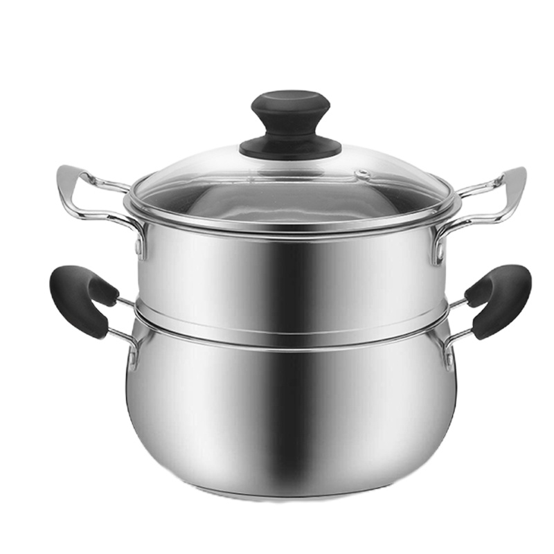 不锈钢奶锅煮热牛奶锅家用烘焙精灵小锅小蒸锅汤锅煮锅婴儿宝宝辅食锅 双手柄18cm复底+蒸格