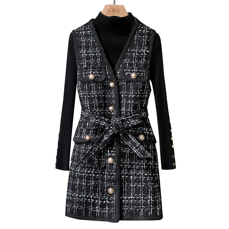 丝柏舍2020冬装款女士时尚V领无袖小香风中长款气质连衣裙S03R5010L