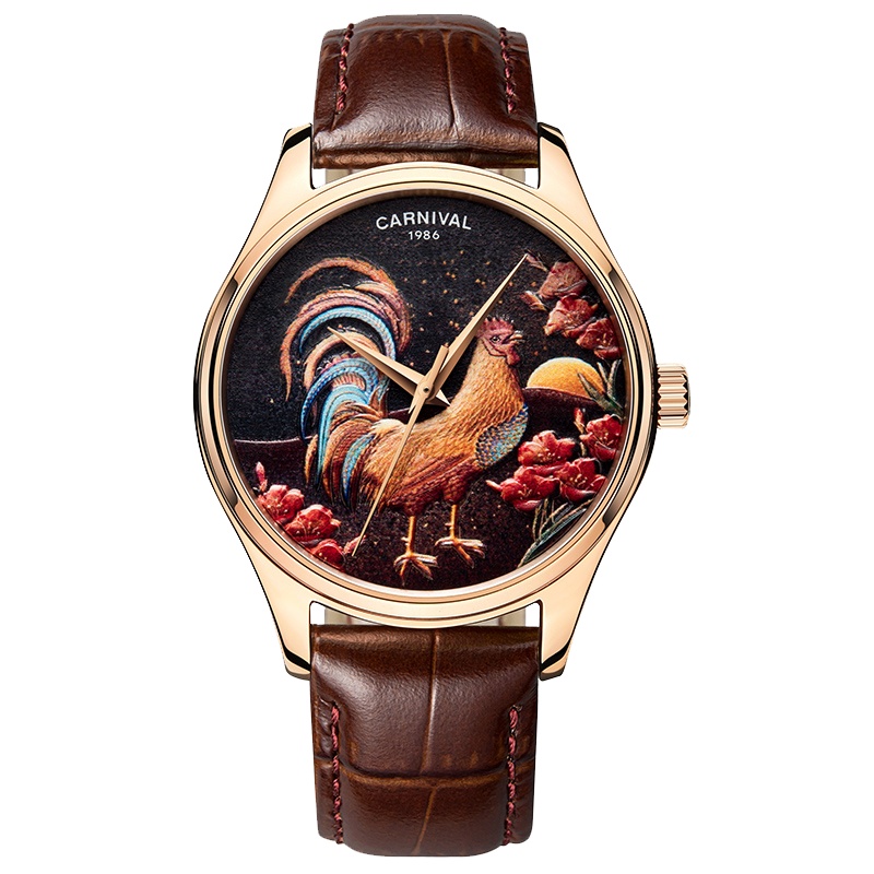 嘉年华Carnival 大表盘防水全自动机械表 男士个性时尚款腕表新款雄鸡浮雕手表男玫瑰金富贵吉祥515G