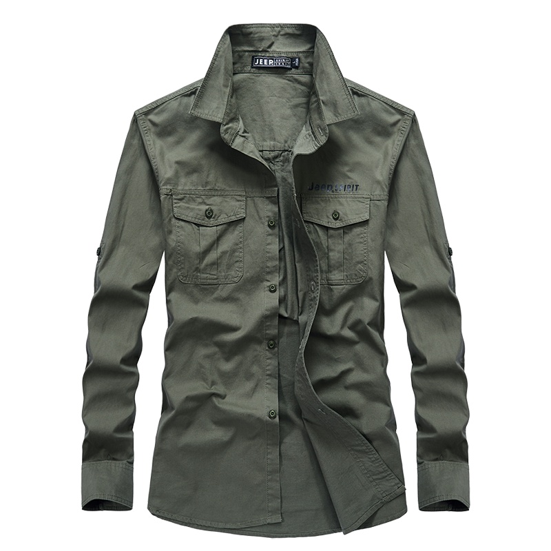 JEEP SPIRIT吉普衬衣男2021秋季新款纯色刺绣上衣宽松大码中青年男士衬衫