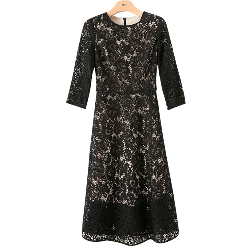 晚白2021春季新品淑女时尚纯色圆领修身高腰A字蕾丝裙连衣裙女