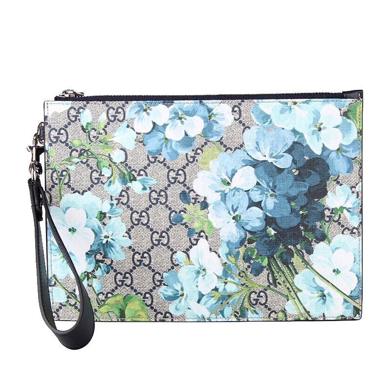 【海外直邮】GUCCI 古驰女包米蓝色拼色皮质天竺葵印花手腕包女士手拿包411691 KU2HN 849