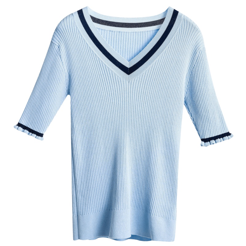 裂帛直播夏季新款气质V领花边甜美百搭显瘦浪漫套头针织衫