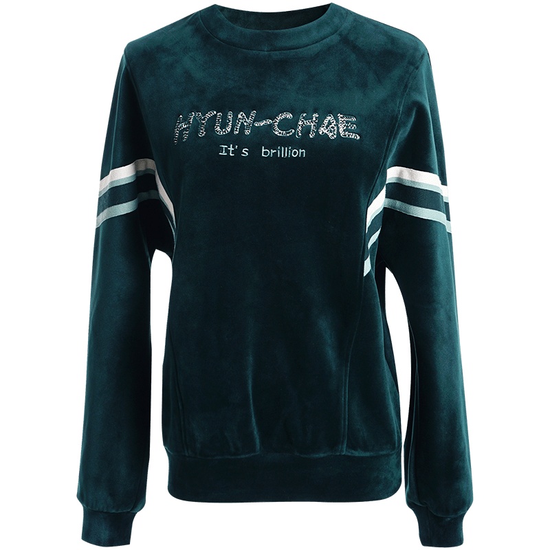 OUNIXUE欧昵雪 | [双面银狐绒上衣]冬季个性圆领字母绣花拼接罗纹织带卫衣女