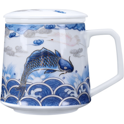 言艺(yanyi) 茶杯 陶瓷水杯功夫办公室泡茶杯带过滤三件套400ml 雁飞鱼跃