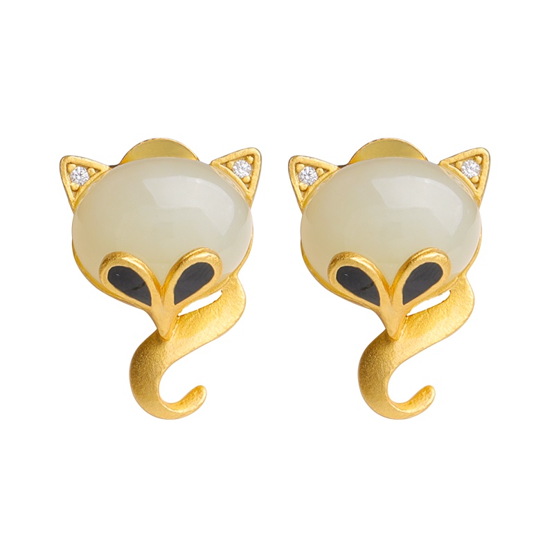 s925银镶和田玉耳钉吊坠 银镶白玉聪明伶俐小狐狸玉石耳钉挂件送证书