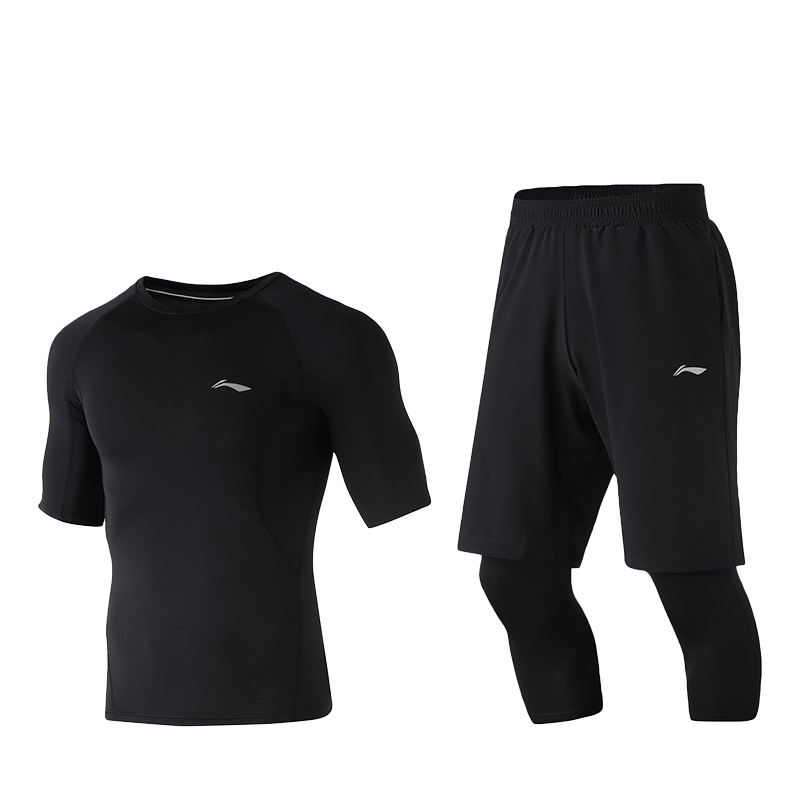 李宁三合一男士新款训练系列短袖运动套装运动服AAGP001