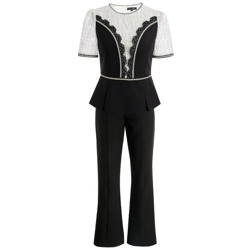 欧昵雪夏装圆领拼接蕾丝荷叶边上衣女高腰显瘦喇叭裤套装