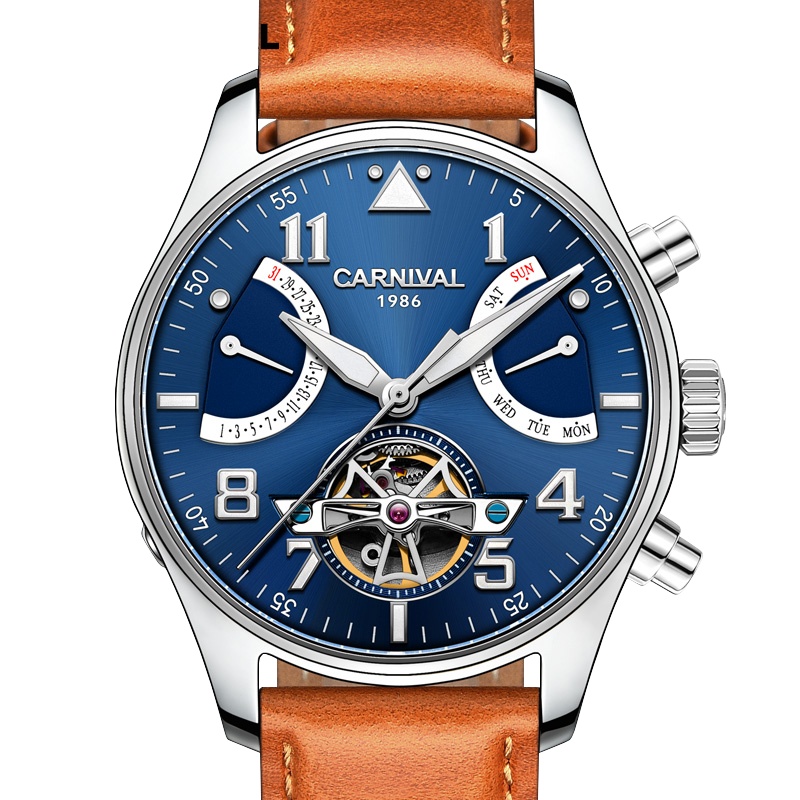 嘉年华Carnival手表大表盘男士全自动机械表 男真皮表带商务针扣腕表夜光防水休闲时尚大气魅力型男表8783G黄皮