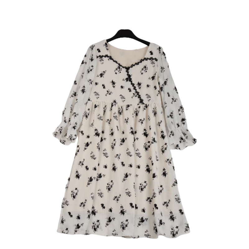 拉夏贝尔Laetia女士植绒玫瑰褶皱雪纺裙高腰甜美蕾丝花边连衣裙