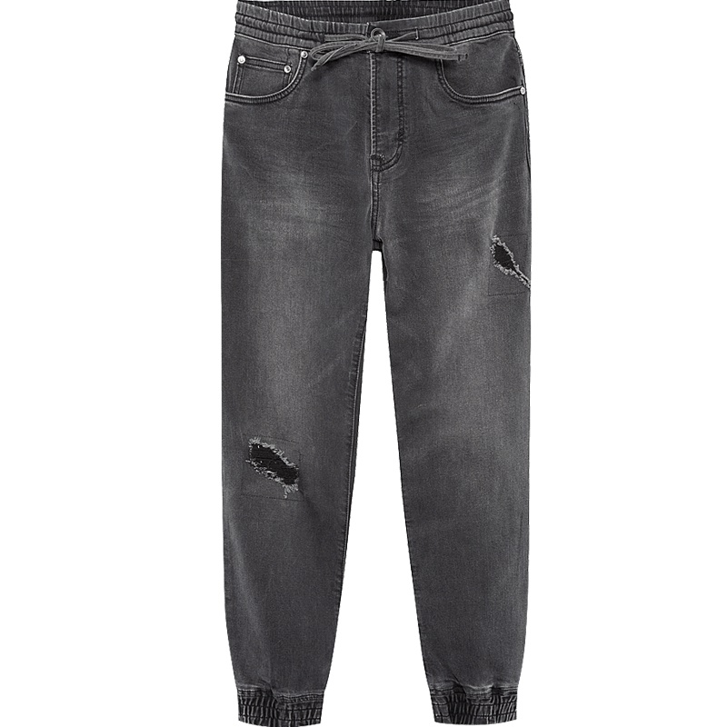 黑鲸腰间抽绳牛仔裤秋季男装时尚假破洞休闲长裤男CKNAJ38026A