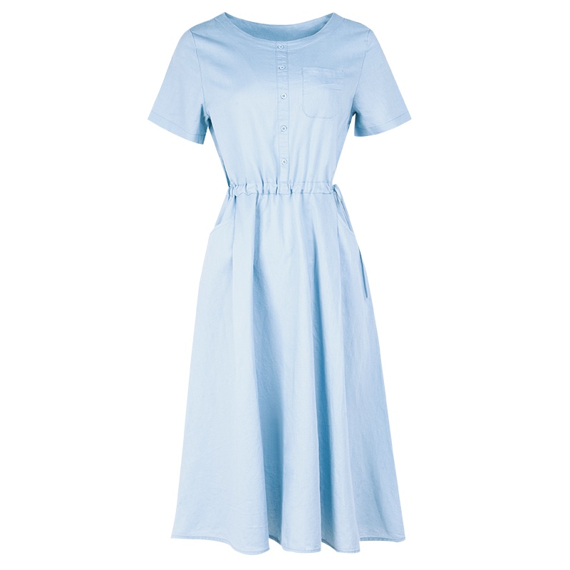 晩白 新品复古休闲纯色圆领系带收腰显瘦中长A字连衣裙